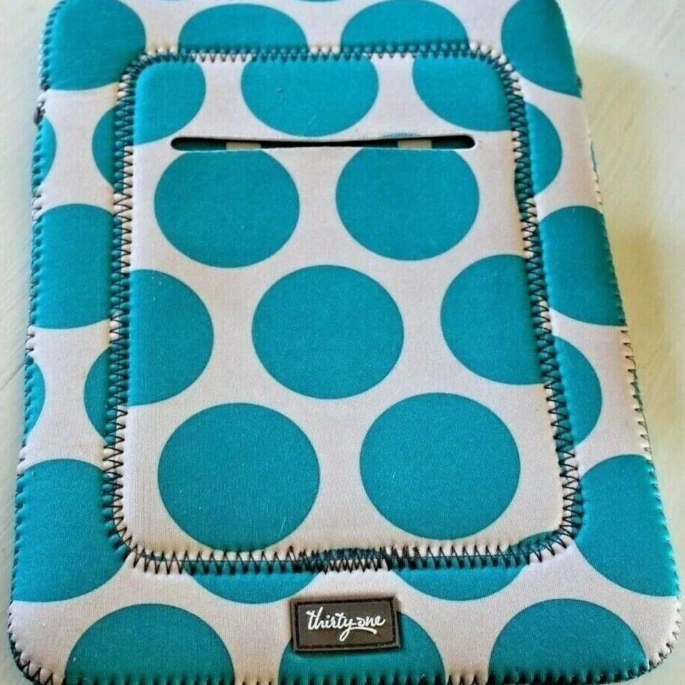 Thirty-One Tote-A-Tablet Sleeve Case Retro Metro Polka-Dot Teal Tan Neoprene